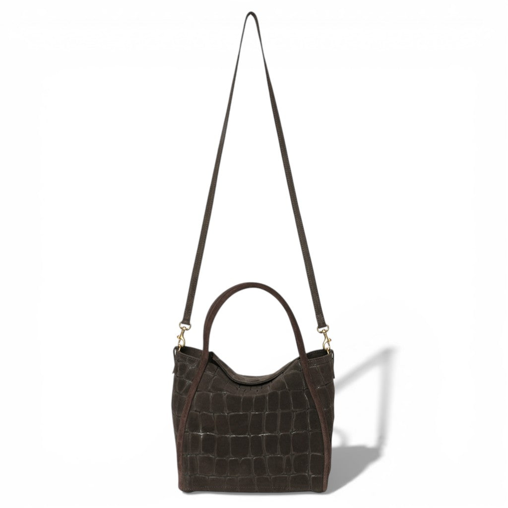 Serena Satchel Crossbody in Truffle Italian Croco-Embossed Suede