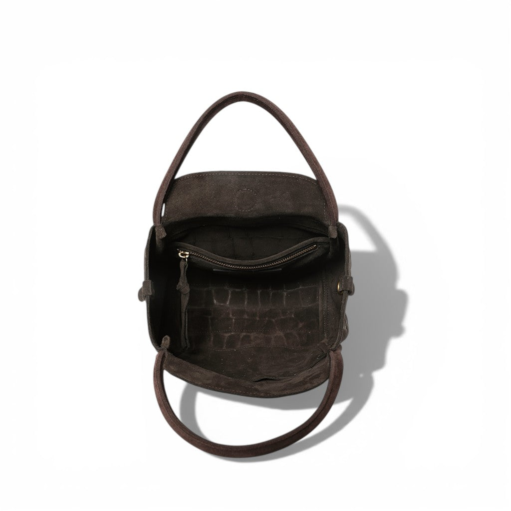 Serena Satchel Crossbody in Truffle Italian Croco-Embossed Suede