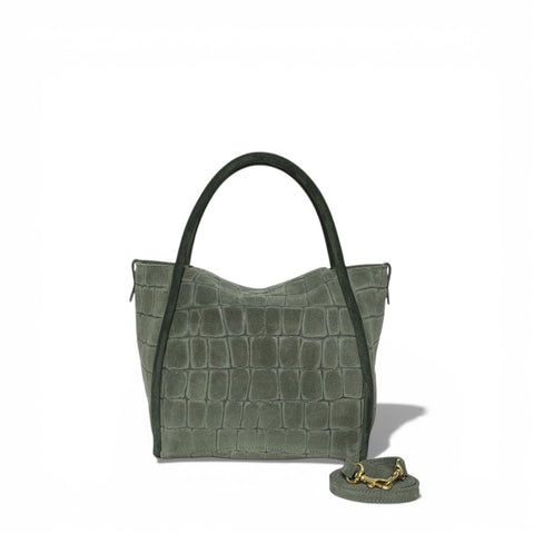 Serena Satchel Crossbody in Moss Italian Croco-Embossed Suede