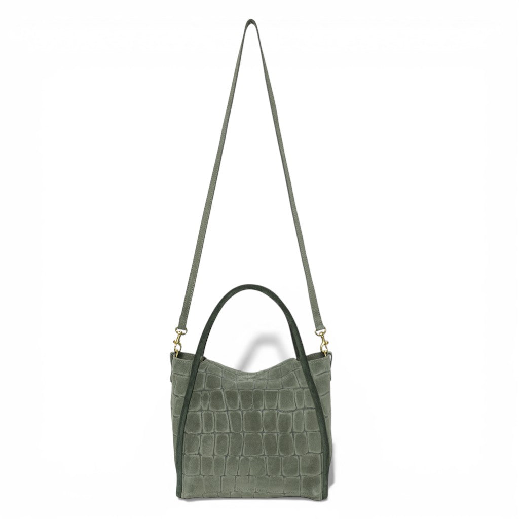 Serena Satchel Crossbody in Moss Italian Croco-Embossed Suede