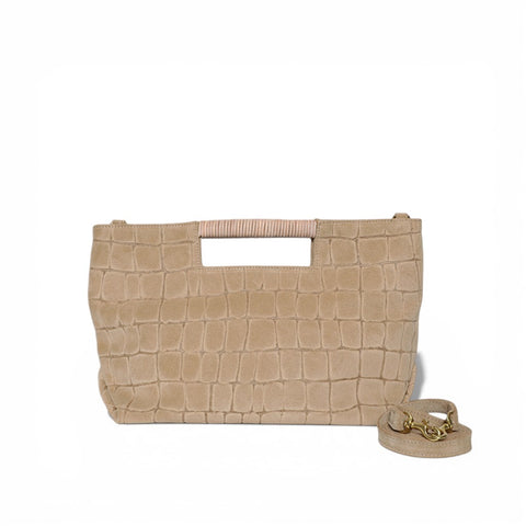Ella Wrapped Handle Crossbody in Ecru Italian Croco-Embossed Suede