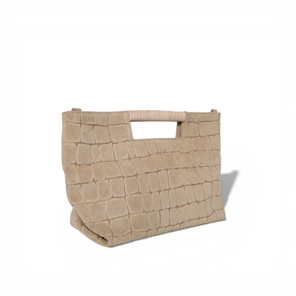 Ella Wrapped Handle Crossbody in Ecru Italian Croco-Embossed Suede