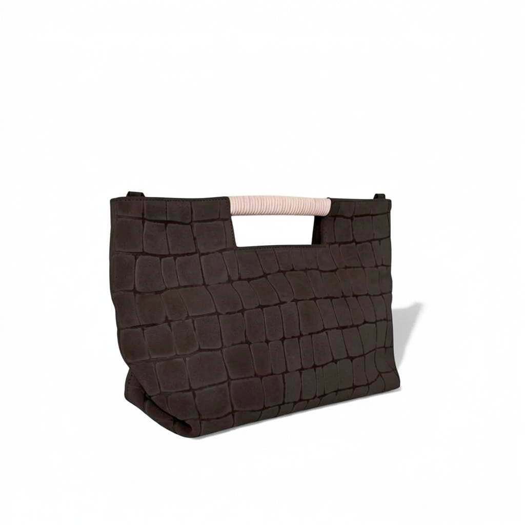 Ella Wrapped Handle Crossbody in Truffle Italian Croco-Embossed Suede