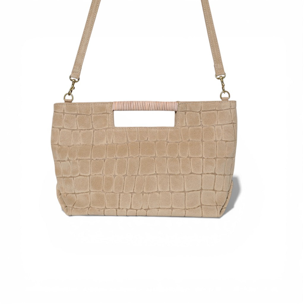 Ella Wrapped Handle Crossbody in Ecru Italian Croco-Embossed Suede