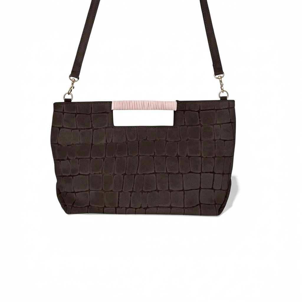 Ella Wrapped Handle Crossbody in Truffle Italian Croco-Embossed Suede