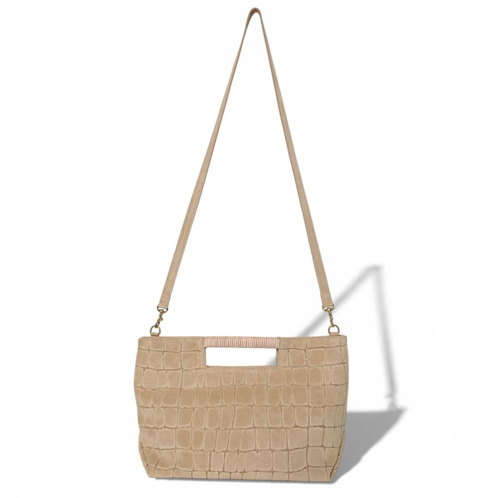 Ella Wrapped Handle Crossbody in Ecru Italian Croco-Embossed Suede