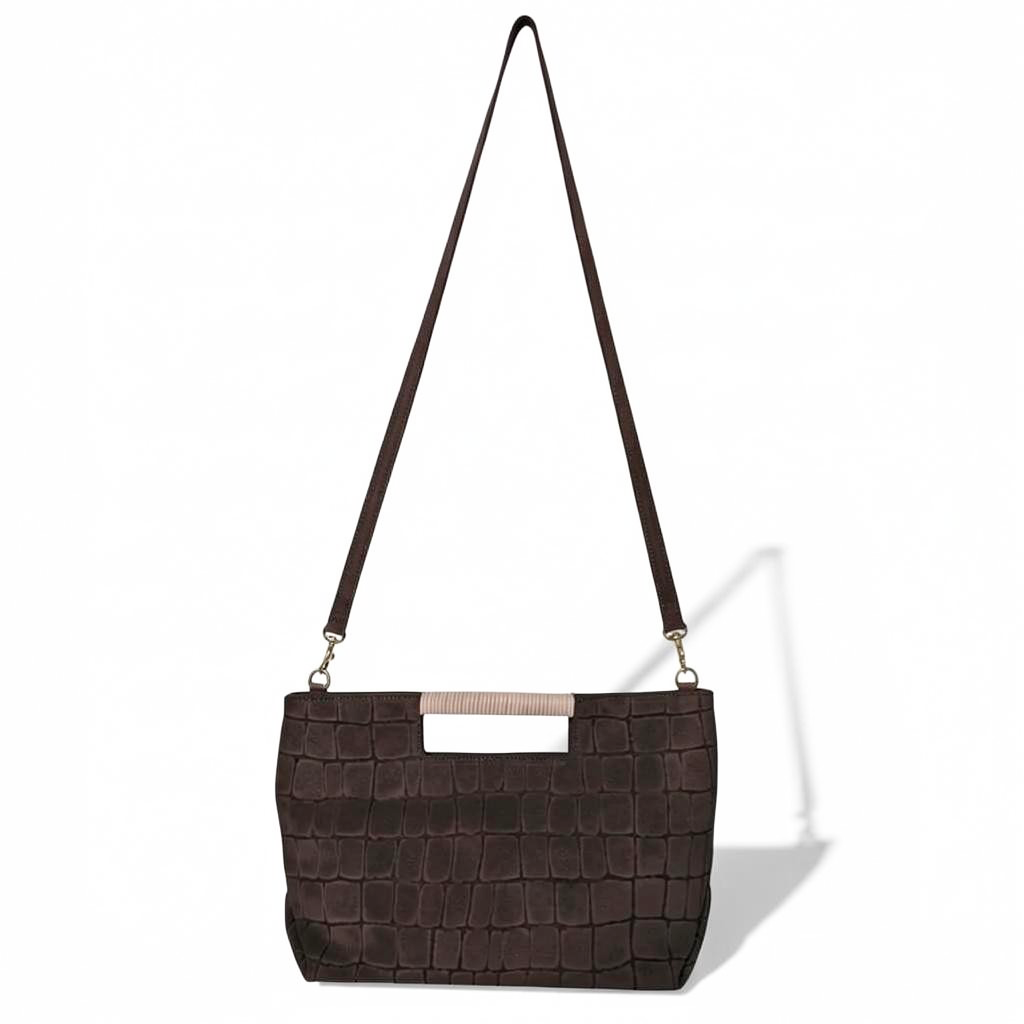 Ella Wrapped Handle Crossbody in Truffle Italian Croco-Embossed Suede