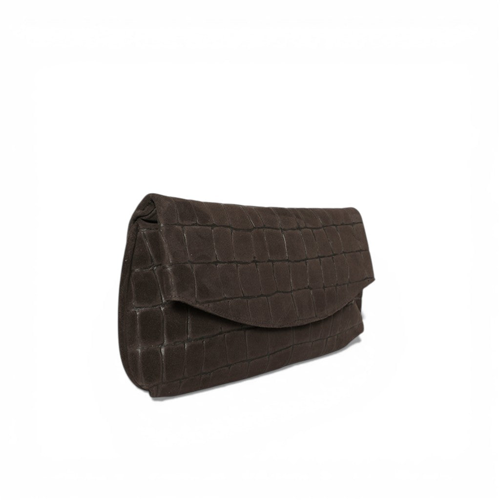Valentina Clutch in Truffle Italian Croco-Embossed Suede
