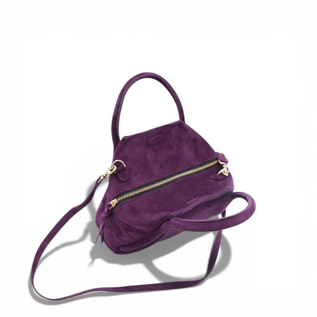 Taya Top Handle Crossbody in Aubergine Italian Leather Backed Suede