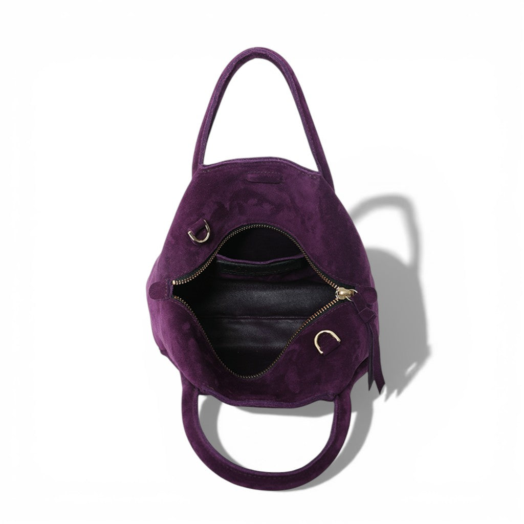 Taya Top Handle Crossbody in Aubergine Italian Leather Backed Suede