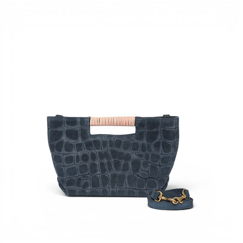 Mini Ella Wrapped Handle Crossbody in Navy Italian Croco-Embossed Suede