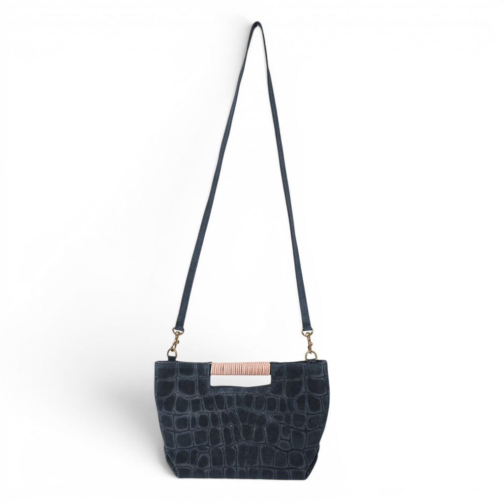 Mini Ella Wrapped Handle Crossbody in Navy Italian Croco-Embossed Suede