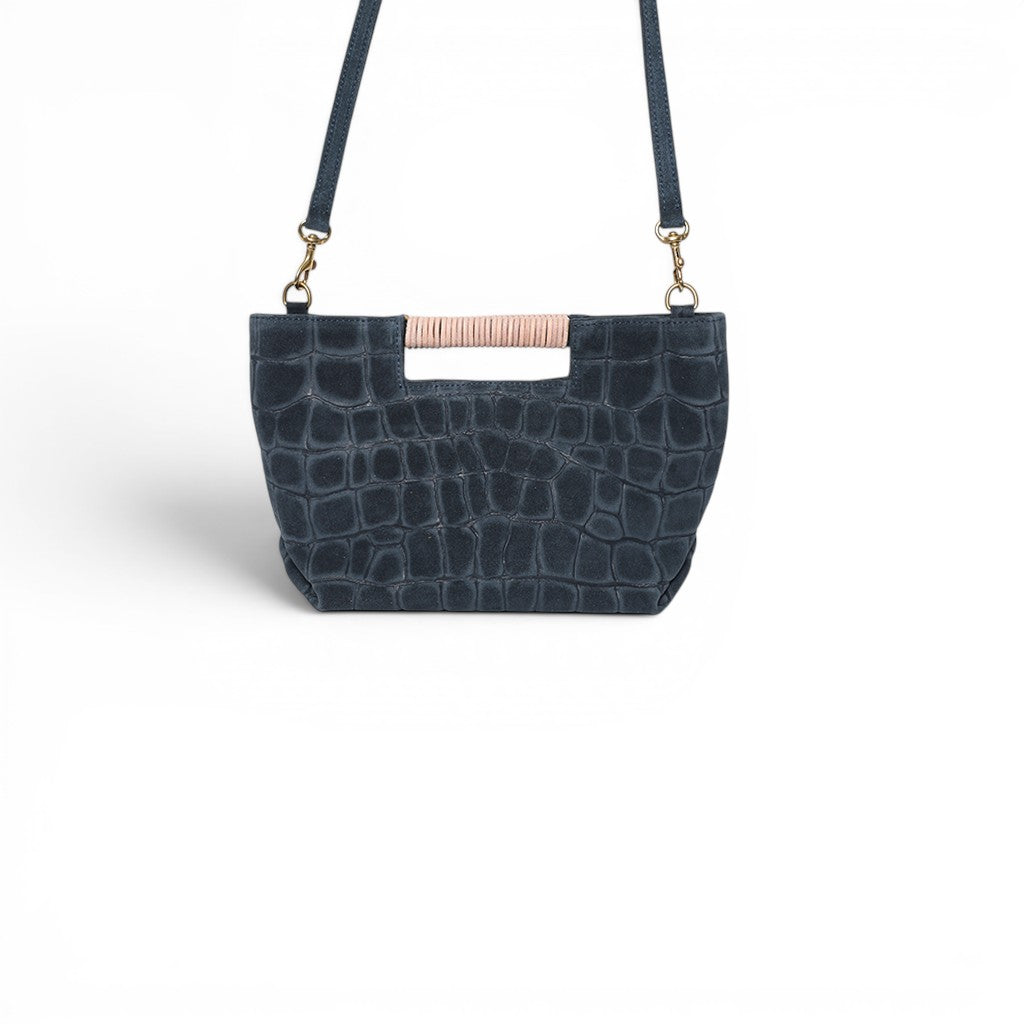 Mini Ella Wrapped Handle Crossbody in Navy Italian Croco-Embossed Suede