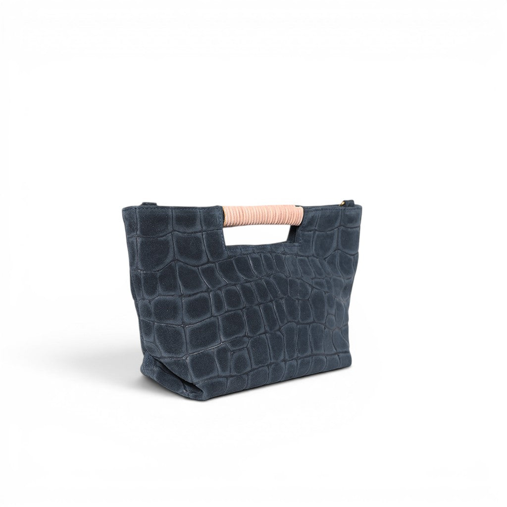 Mini Ella Wrapped Handle Crossbody in Navy Italian Croco-Embossed Suede