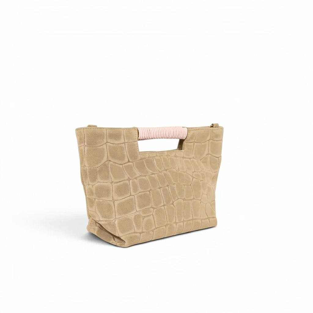 Mini Ella Wrapped Handle Crossbody in Ecru Italian Croco-Embossed Suede