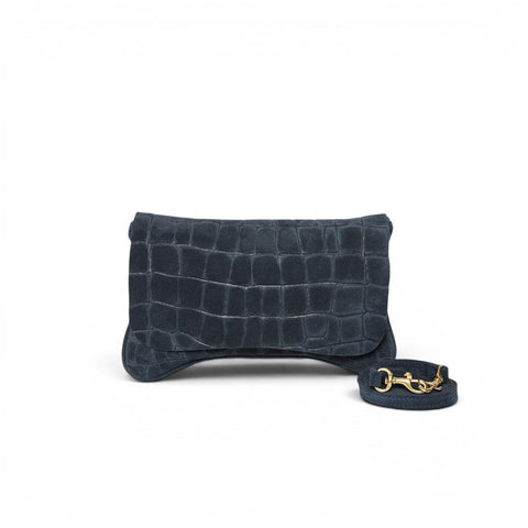 Cecilia Crossbody Clutch in Navy Italian Croco-Embossed Suede