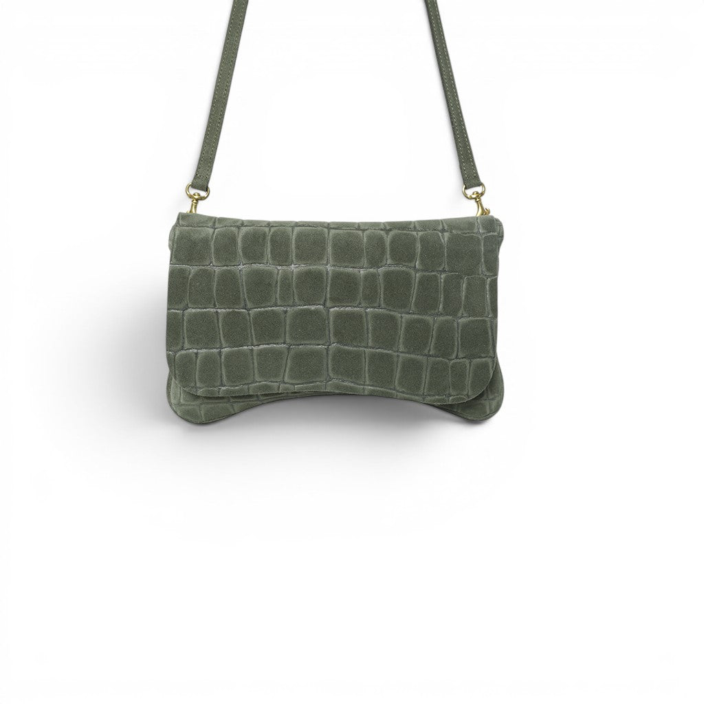 Cecilia Crossbody Clutch in Moss Italian Croco-Embossed Suede