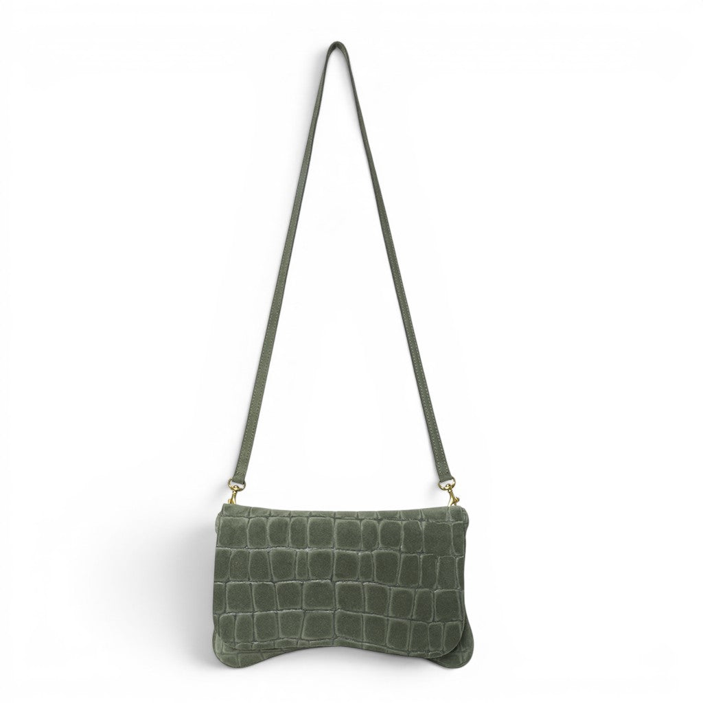 Cecilia Crossbody Clutch in Moss Italian Croco-Embossed Suede