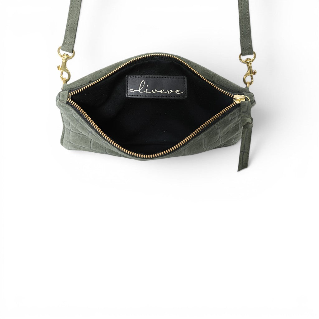 Cecilia Crossbody Clutch in Moss Italian Croco-Embossed Suede