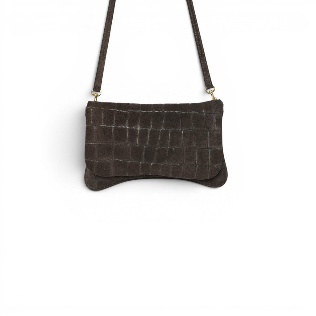 Cecilia Crossbody Clutch in Truffle Italian Croco-Embossed Suede