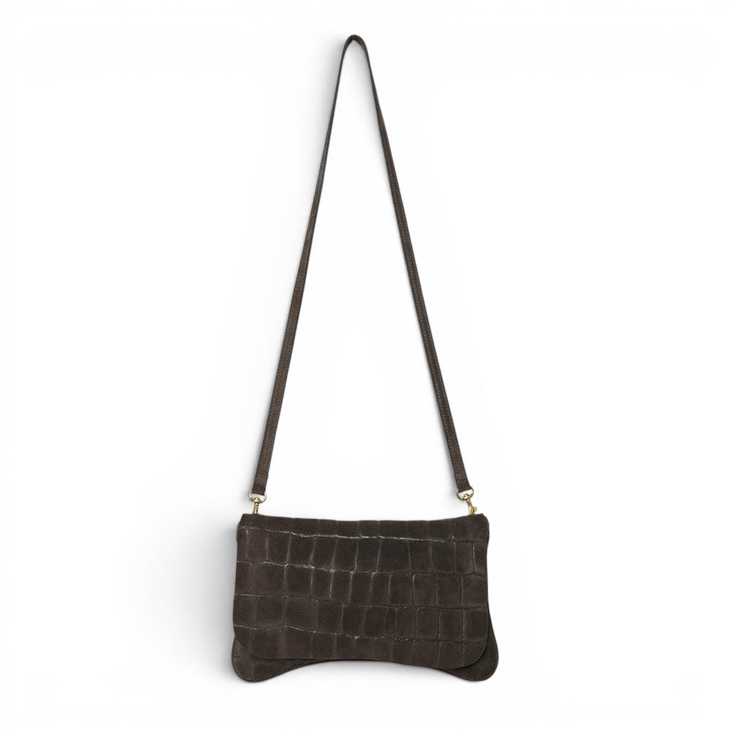 Cecilia Crossbody Clutch in Truffle Italian Croco-Embossed Suede