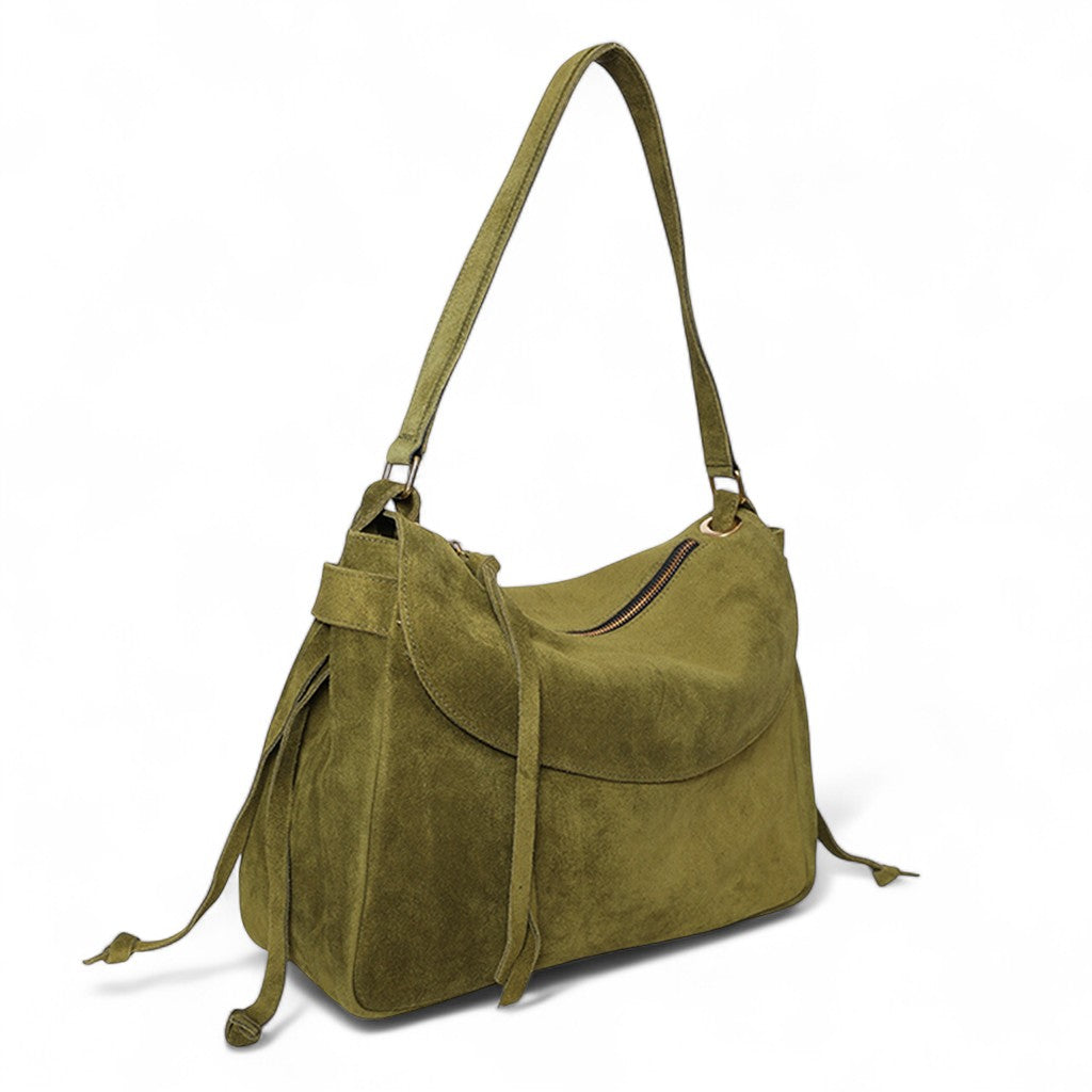 Reese Large Slouchy Shoulder in Avocado Italian Leather Backed Suede