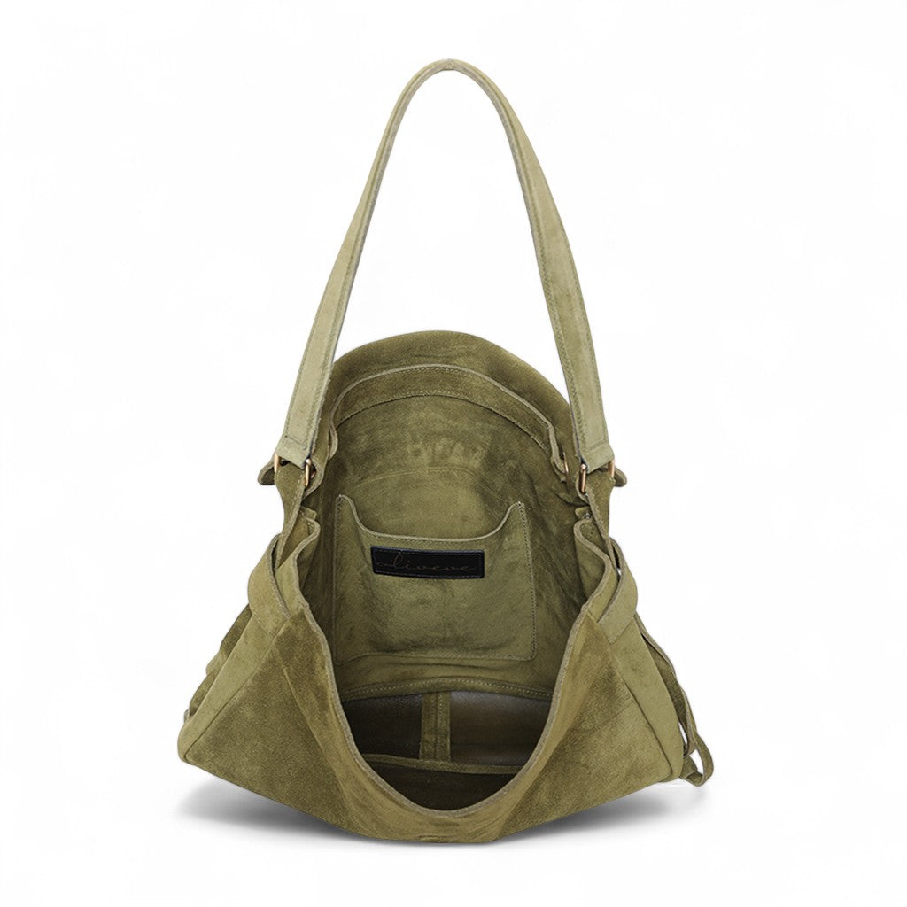 Reese Large Slouchy Shoulder in Avocado Italian Leather Backed Suede