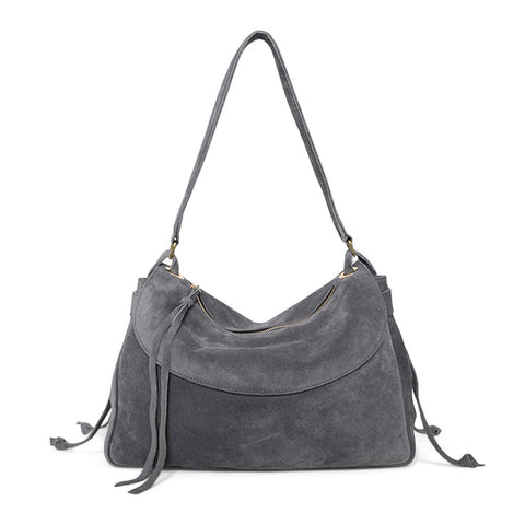 Reese Large Slouchy Shoulder in Slate Italian Leather Backed Suede