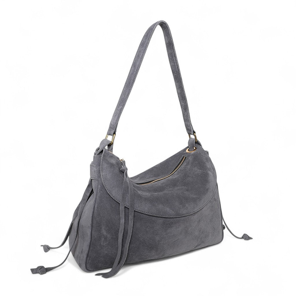 Reese Large Slouchy Shoulder in Slate Italian Leather Backed Suede