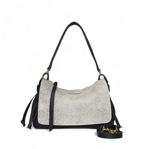 Remi Medium Shoulder Bag in Grey Brindle Haircow with Black Italian Buffalo Cowhide