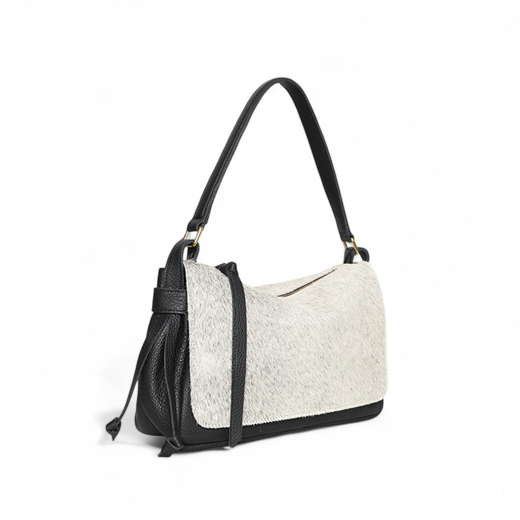 Remi Medium Shoulder Bag in Grey Brindle Haircow with Black Italian Buffalo Cowhide