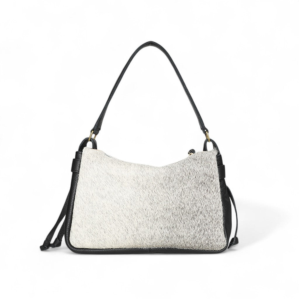 Remi Medium Shoulder Bag in Grey Brindle Haircow with Black Italian Buffalo Cowhide