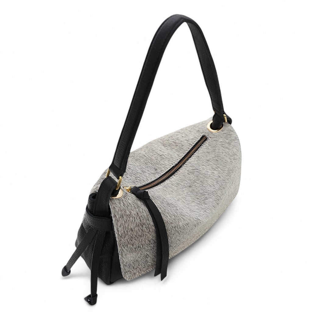 Remi Medium Shoulder Bag in Grey Brindle Haircow with Black Italian Buffalo Cowhide