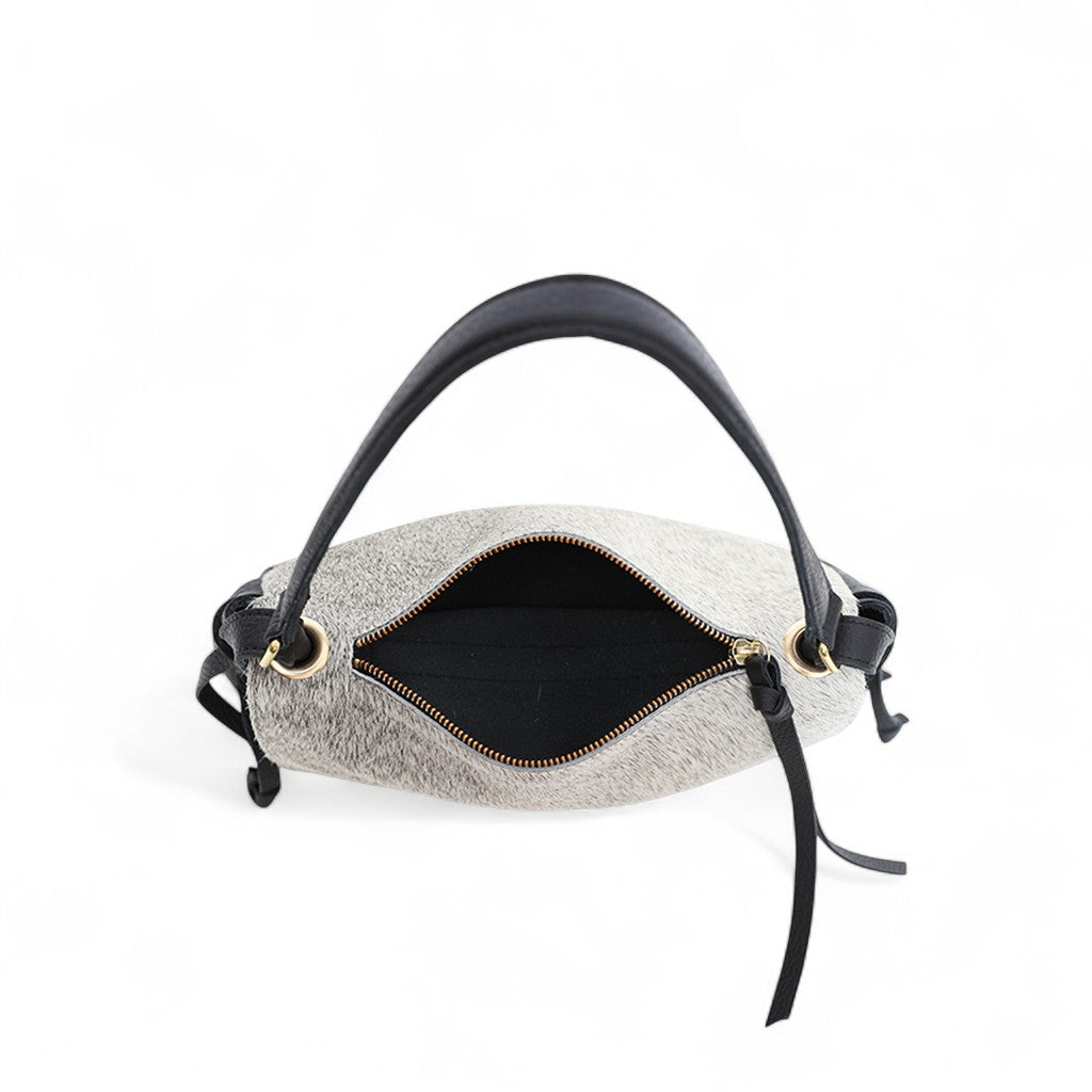 Remi Medium Shoulder Bag in Grey Brindle Haircow with Black Italian Buffalo Cowhide