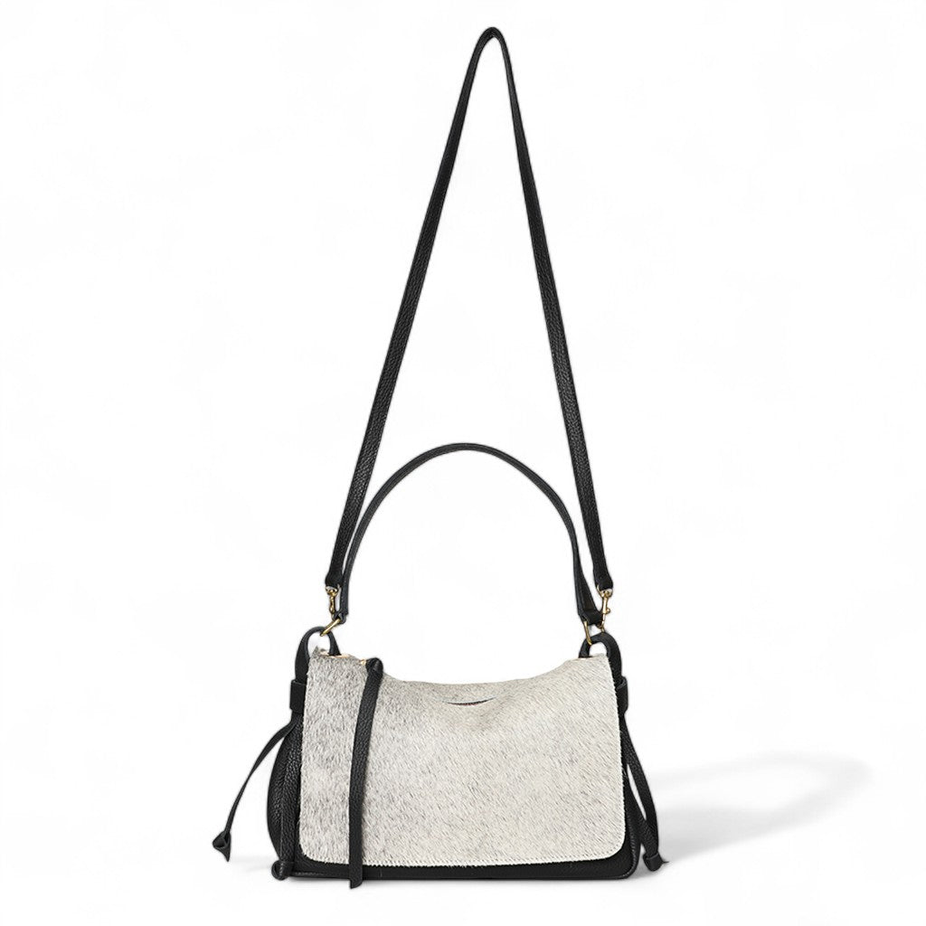 Remi Medium Shoulder Bag in Grey Brindle Haircow with Black Italian Buffalo Cowhide