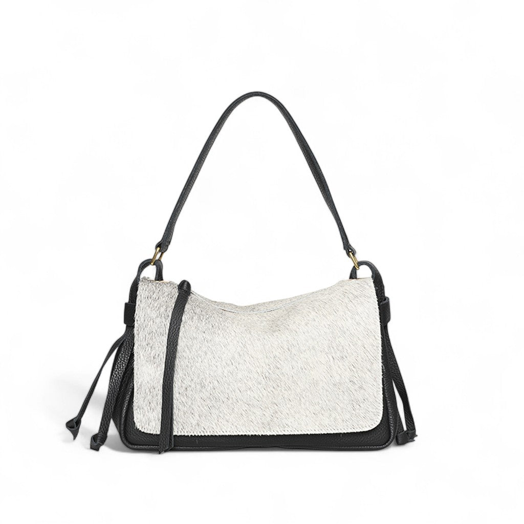 Remi Medium Shoulder Bag in Grey Brindle Haircow with Black Italian Buffalo Cowhide