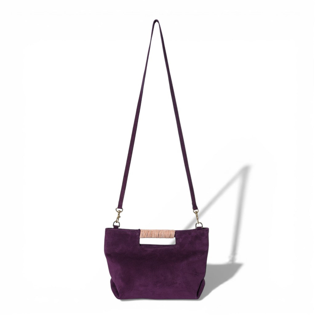 Mini Ella Wrapped Handle Crossbody in Aubergine Italian Leather Backed Suede