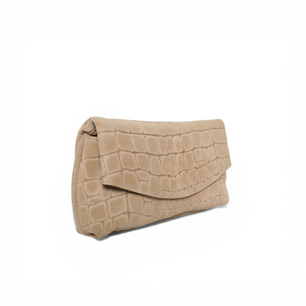 Valentina Clutch in Ecru Italian Croco-Embossed Suede