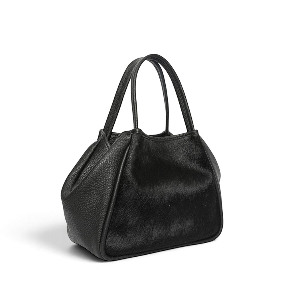 Vittoria Tote in Black Haircow with Black Italian Buffalo Cowhide