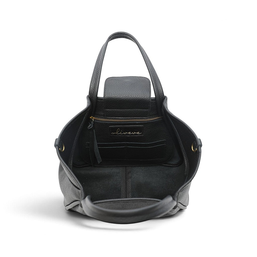 Vittoria Tote in Black Haircow with Black Italian Buffalo Cowhide