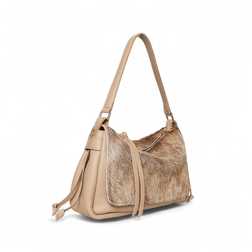 Remi Medium Shoulder Bag in Light Brindle Haircow with Cappuccino Italian Buffalo Cowhide