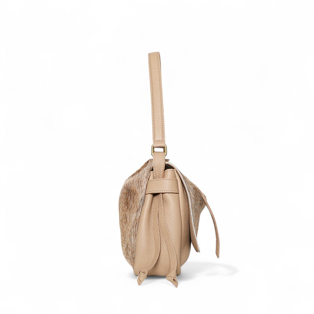 Remi Medium Shoulder Bag in Light Brindle Haircow with Cappuccino Italian Buffalo Cowhide