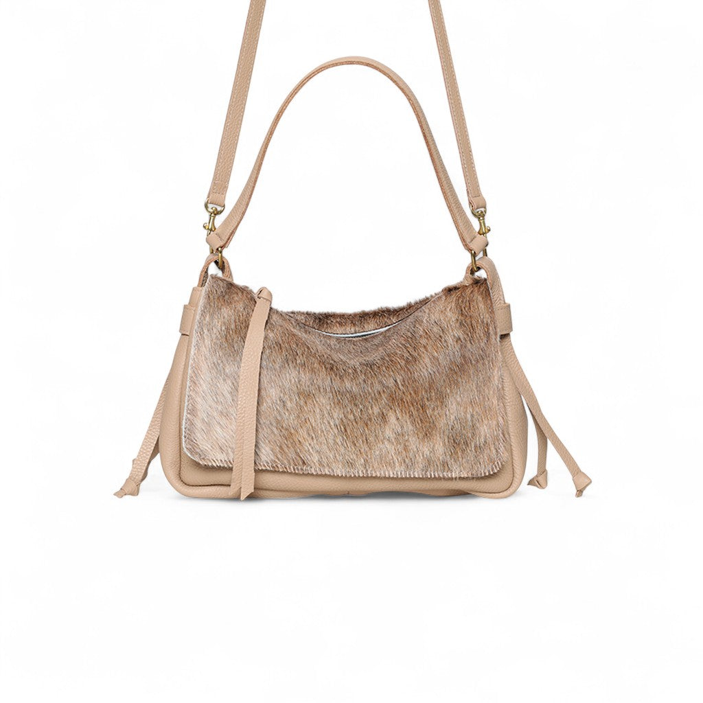 Remi Medium Shoulder Bag in Light Brindle Haircow with Cappuccino Italian Buffalo Cowhide