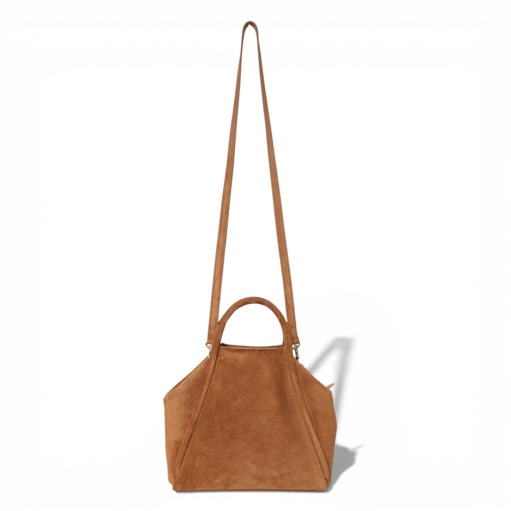 Taya Top Handle Crossbody in Saddle Italian Leather Backed Suede