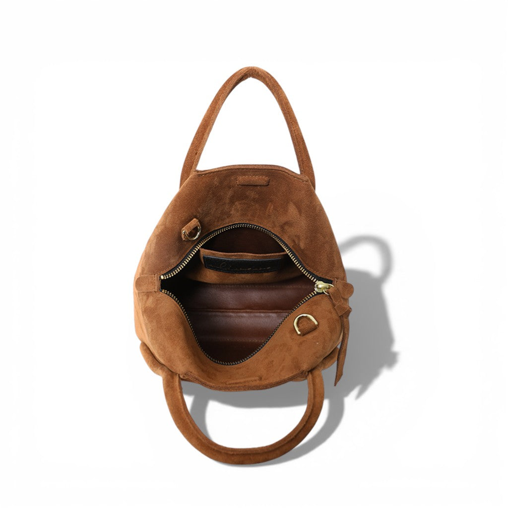 Taya Top Handle Crossbody in Saddle Italian Leather Backed Suede