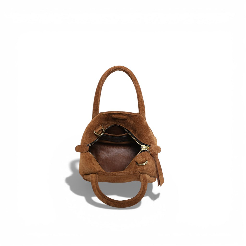 Mini Taya Top Handle Crossbody in Saddle Italian Leather Backed Suede