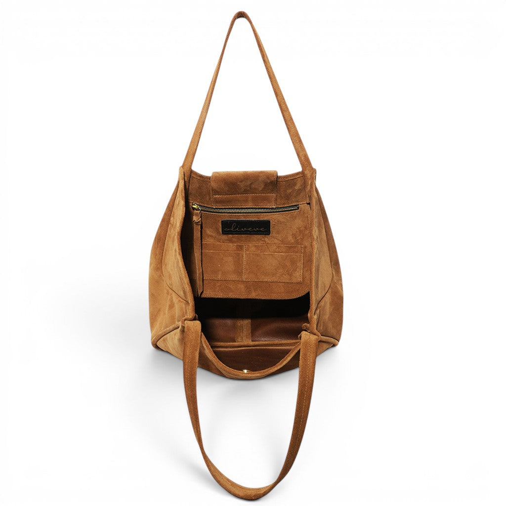 Toni Tote in Saddle Italian Leather Backed Suede