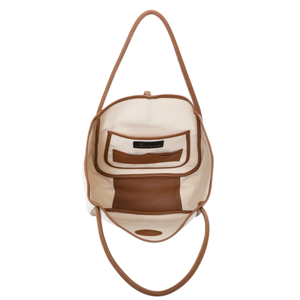 Ellis in Natural Canvas with Caramel Italian Buffalo Cowhide