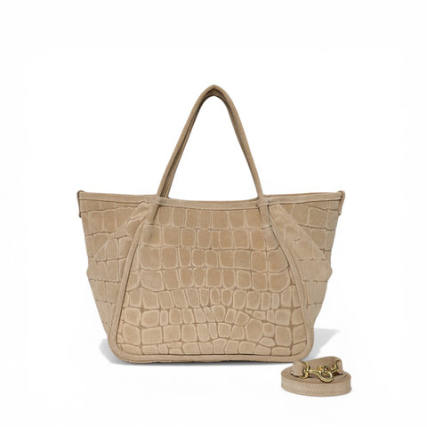 Vittoria Tote in Ecru Italian Croco-Embossed Suede