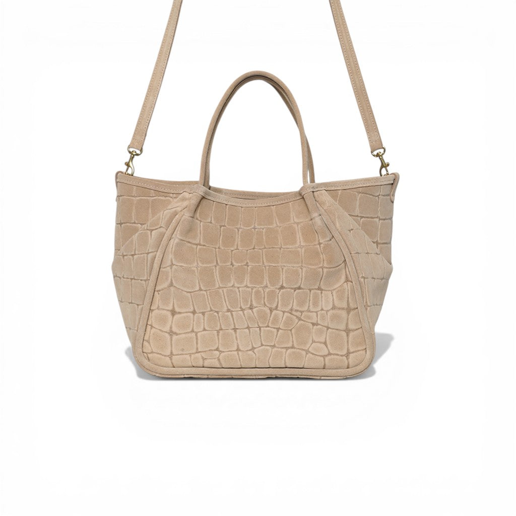 Vittoria Tote in Ecru Italian Croco-Embossed Suede